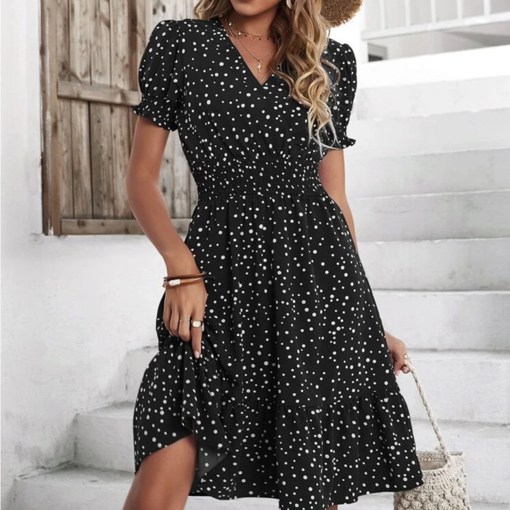 Boho polka dots puff sleeve A line dress